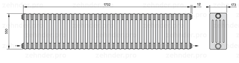 Схема (чертеж) Радиатор Zehnder Charleston 5055/37 №2670 Белый глянцевый RAL 9016